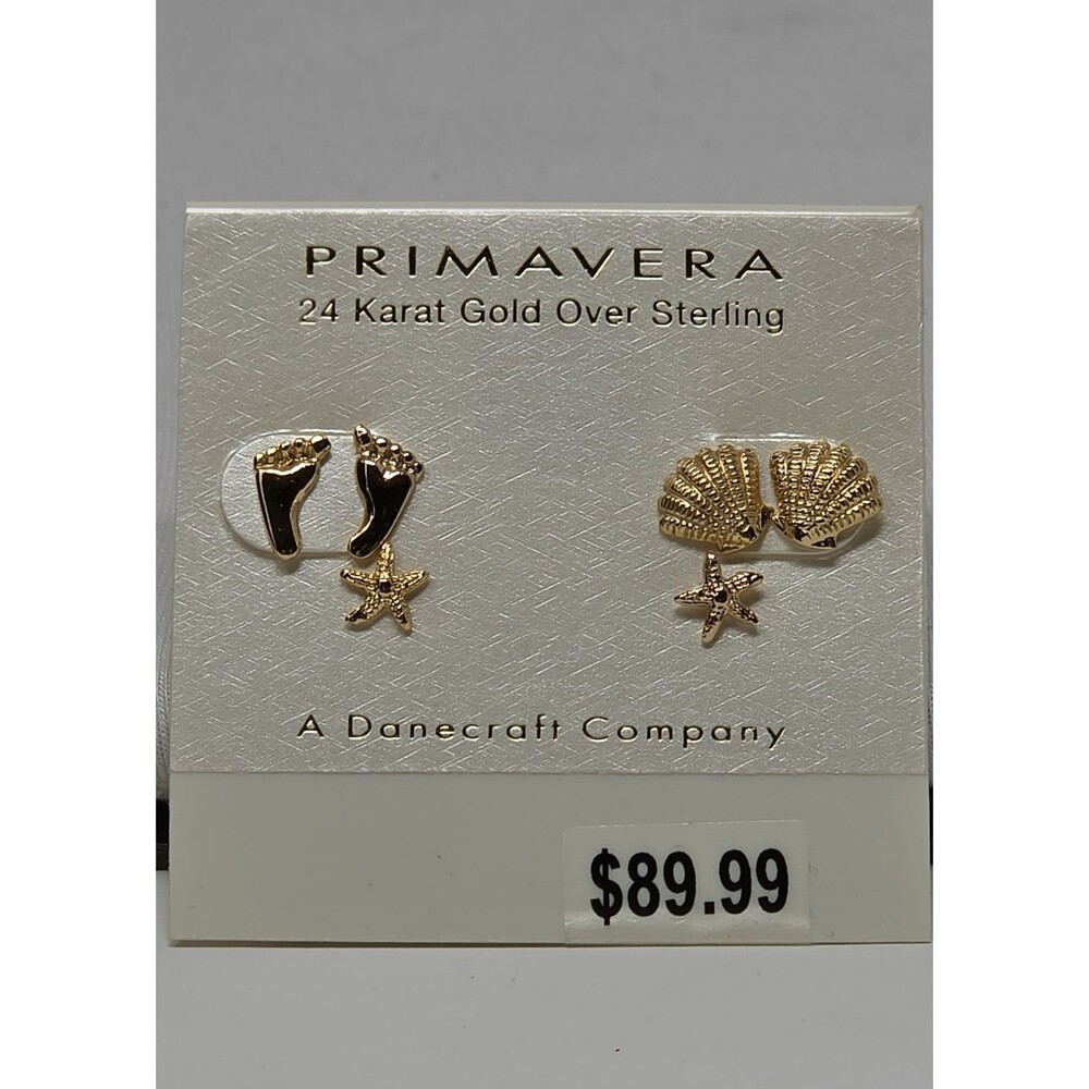 3 Pair Shell Starfish Foot Prints Stud Earrings Primavera 24K Gold Over Sterling